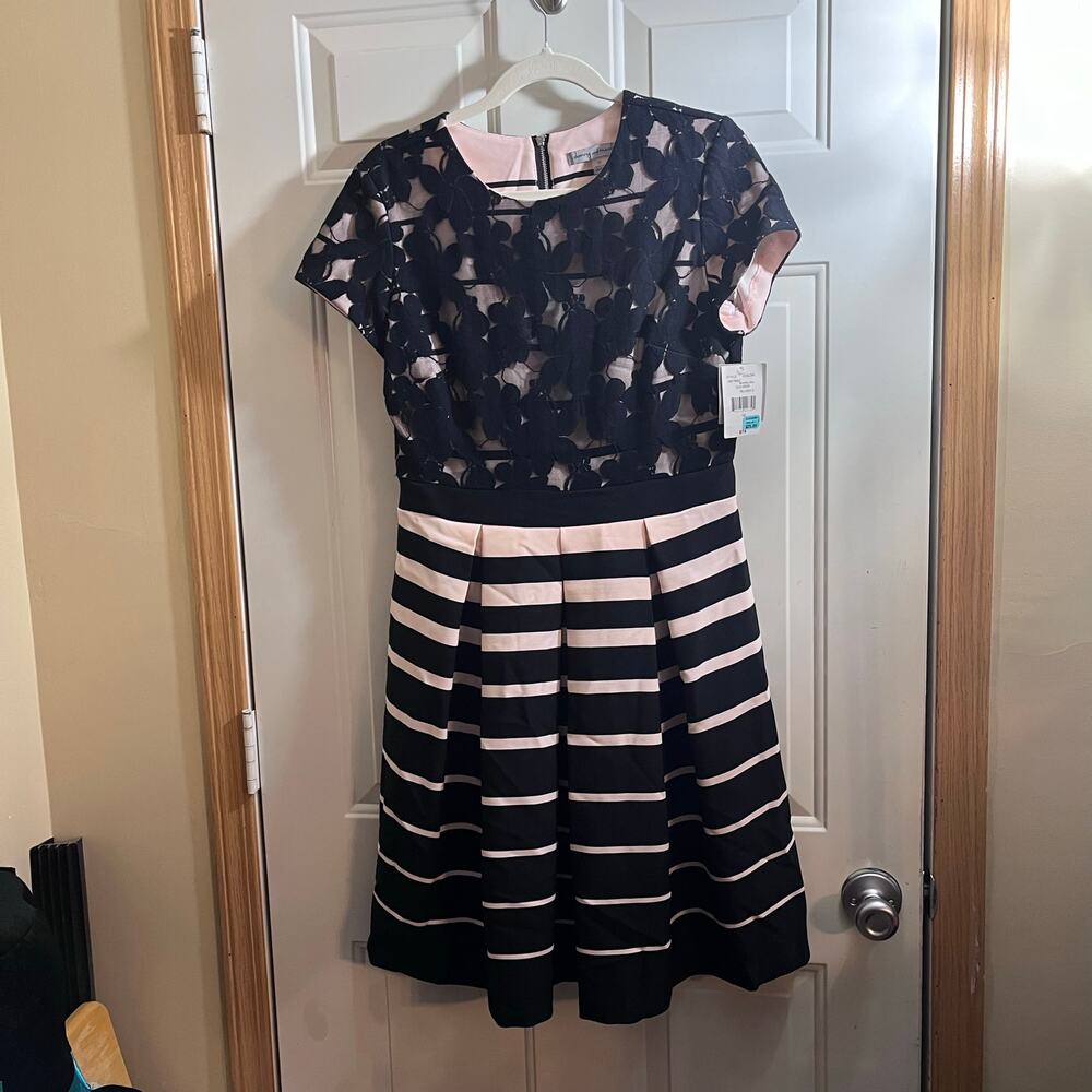 NWT Danny & Nicole pink blush striped dress black floral lace overlay size 10